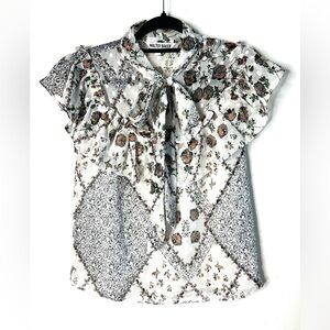Walter Baker White Floral Tie-Neck Ruffle Blouse Top SZ S EUC